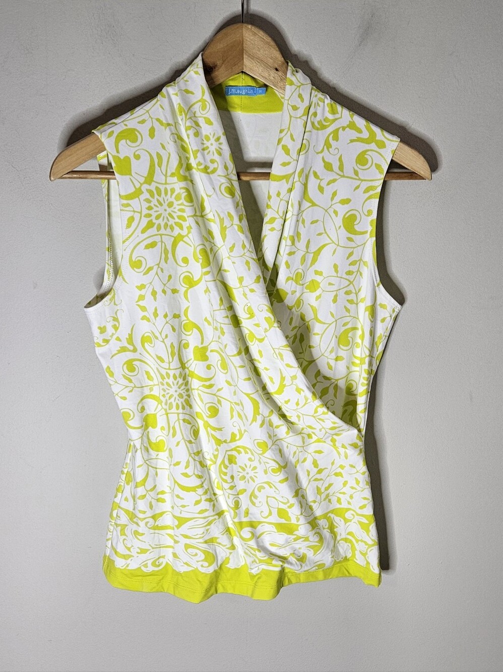 J. McLaughlan Catalina Cloth Sleeveless Faux Wrap Top Lime Green White M Medium